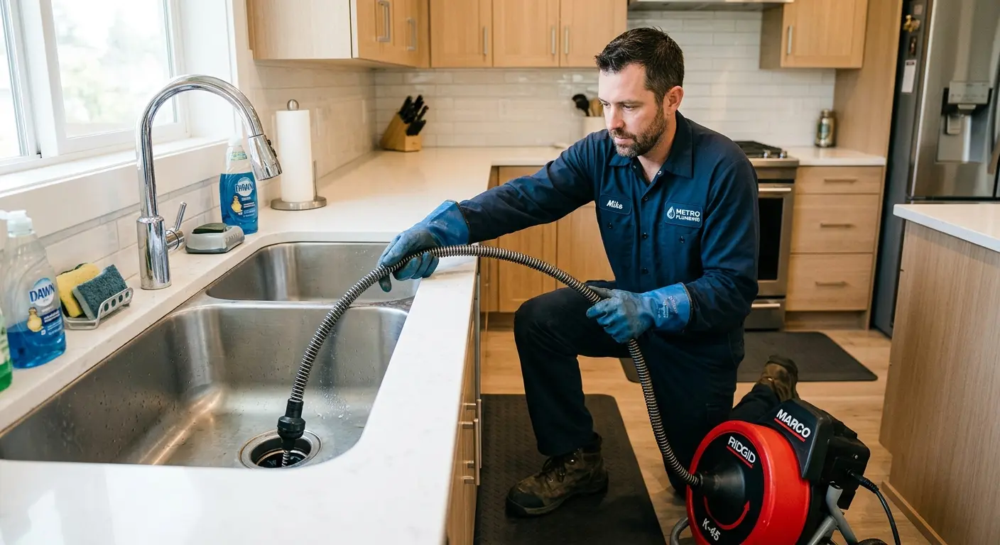 Drain cleaning technician using a motorized snake on a kitchen sink in Sacramento
