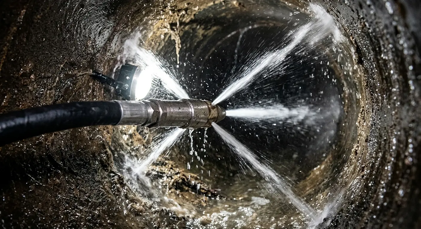 High-pressure hydro jetting nozzle cleaning sewer pipe for Sewer Cleanout in Sacramento