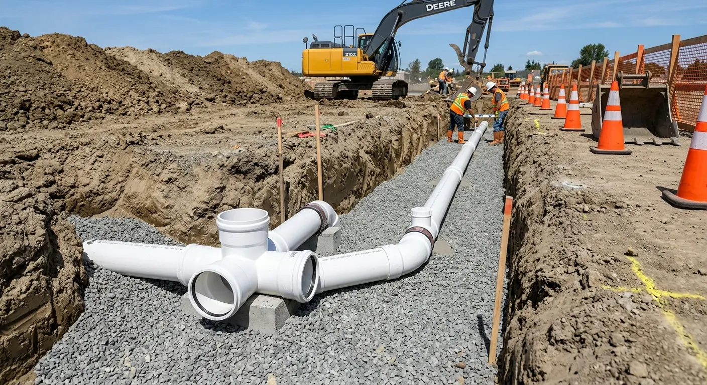 New PVC sewer pipe installation in open trench for Sewer Backup in Sacramento
