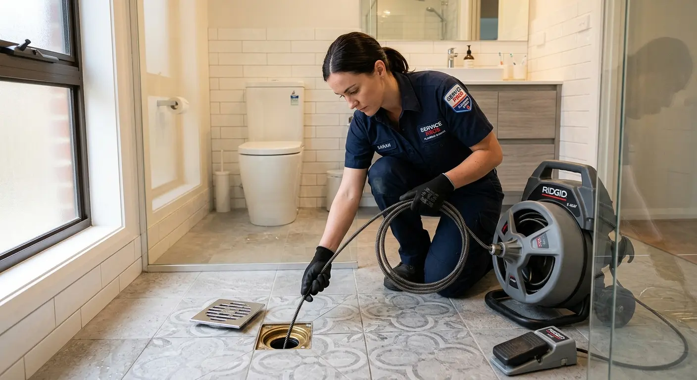 Technician clearing a bathroom floor drain for Drain Cleaning in Sacramento